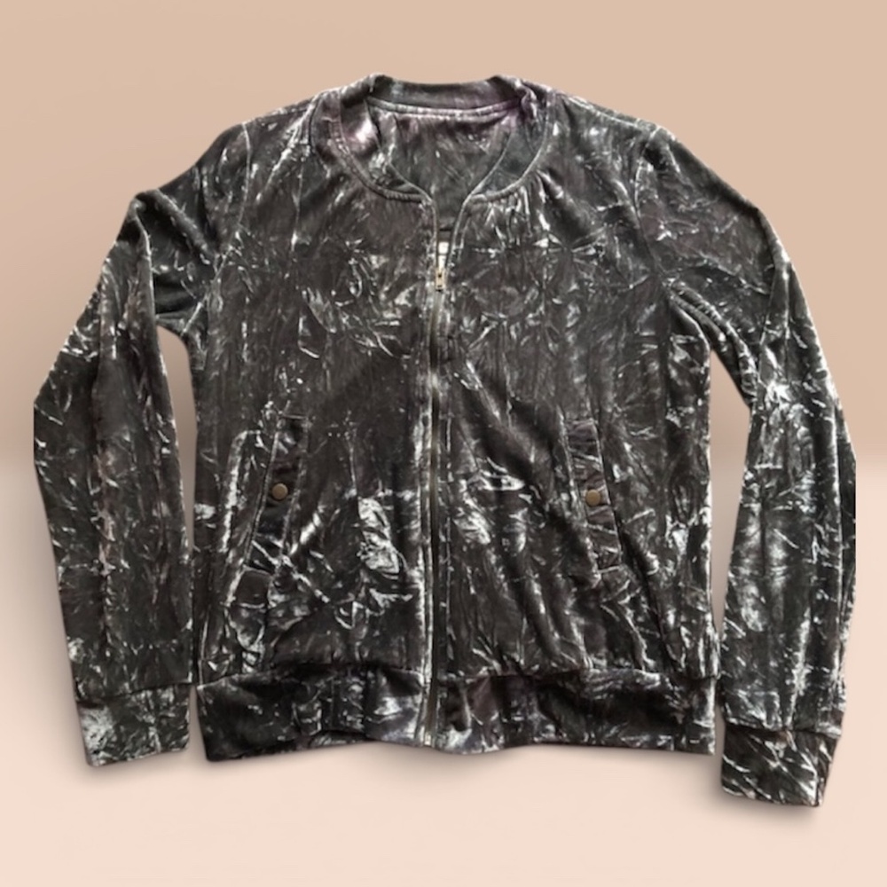 Belle Du Jour Gray Crushed Velvet Bomber Jacket With Full Zip Size XS